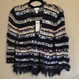 Chico's Black, Gray & Brown Sequin Fringe Stripe Cardigan New With Tags!